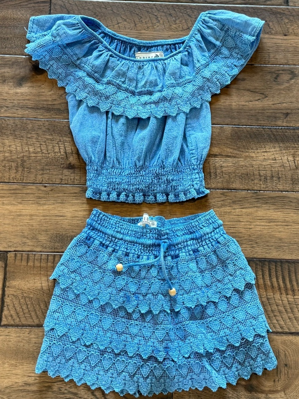 Girls’ Blue Denim Two-Piece Crop Top & Skirt Set, Size 12